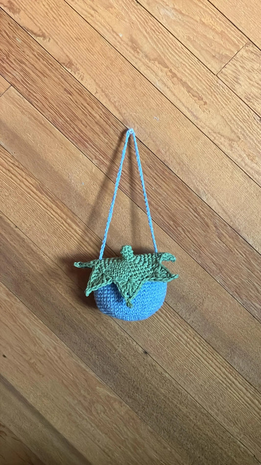 Small crocheted green and blue, blueberry bag